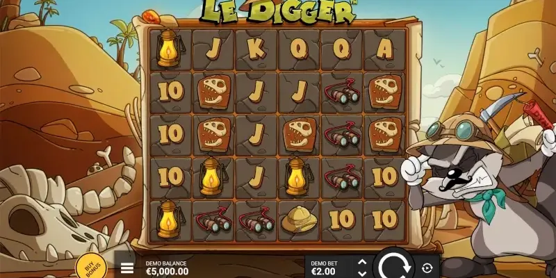 Interface de base de Le Digger avec grille 6x5, commandes de mise et bouton de lancement