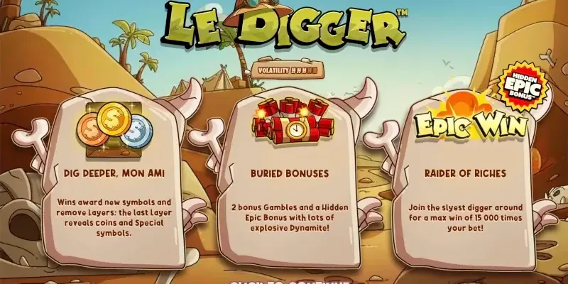 Écran promotionnel de Le Digger présentant les couches du plateau, la dynamite et le gain maximal