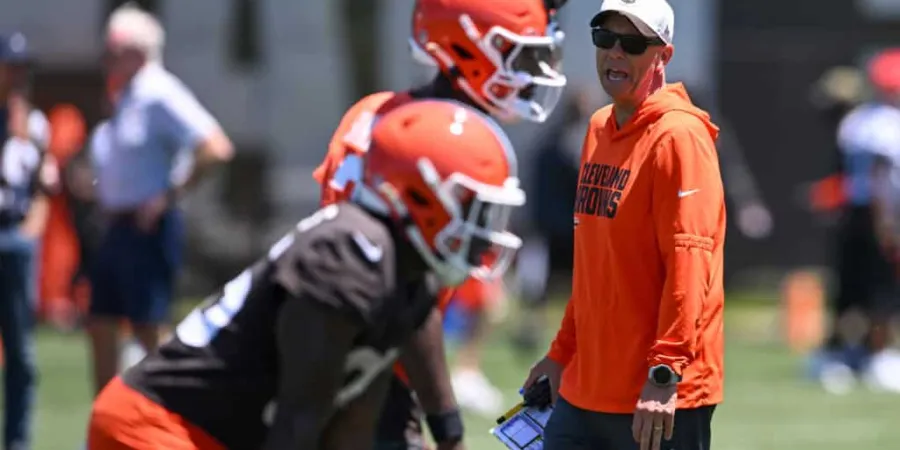 BEREA, OHIO - JUNE 03: Head coach Todd Monken of the Cleveland Browns directs a drill during the Cleveland Browns OTA Offseason Workouts at CrossCountry Mortgage Campus on June 03, 2026 in Berea, Ohio.