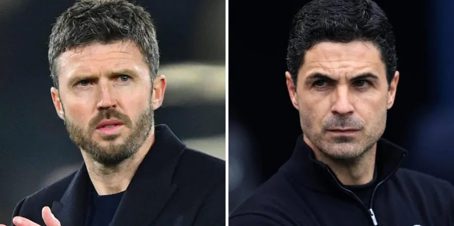 Michael Carrick et Mikel Arteta avant une rencontre, en toile de fond du duel entre Manchester United et Arsenal sur le marché des transferts